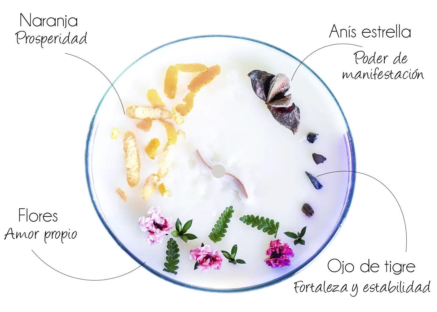 Ingredientes de la vela de soja Acuario con aromas de jazmín y toronja | Cuatro Cuatro Wellness Center
