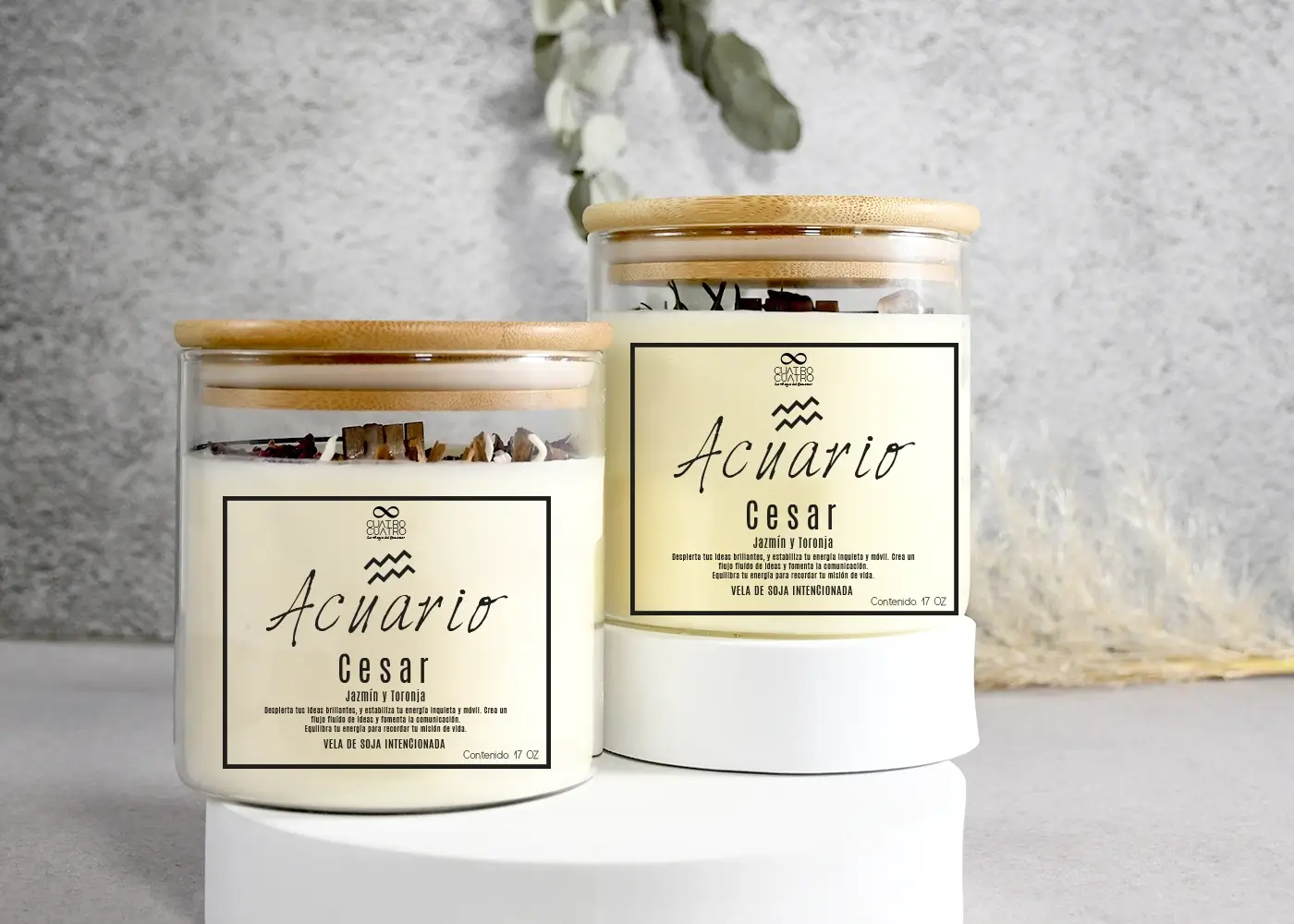 Vela Acuario artesanal con aromas de jazmín y toronja | Cuatro Cuatro Wellness Center